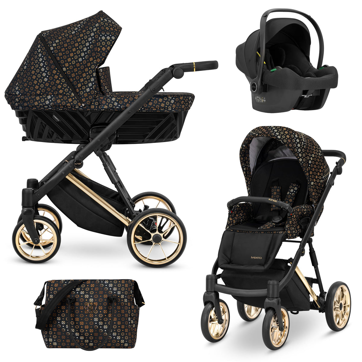 Wózek dziecięcy Kunert Ivento Premium 3w1 - złota rama - kolor: Black Style