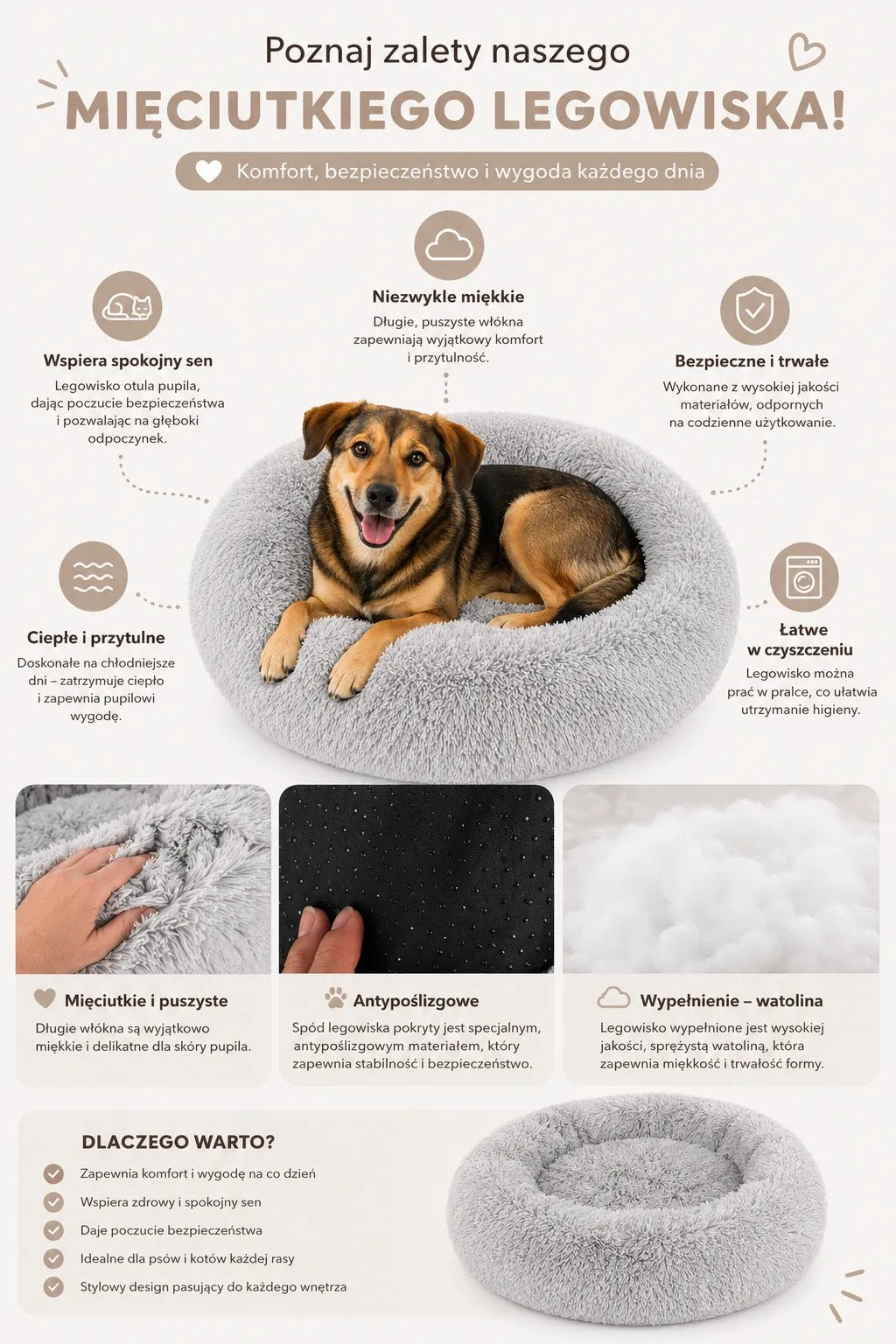 Kunert Round fluffy dog & cat bed MILO 60 cm – grey - photo 8