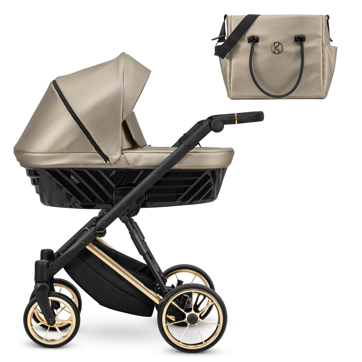 Kunert Ivento Premium barnevogn med liggedel – Guldfarvet stel – Eco Cappuccino metallic