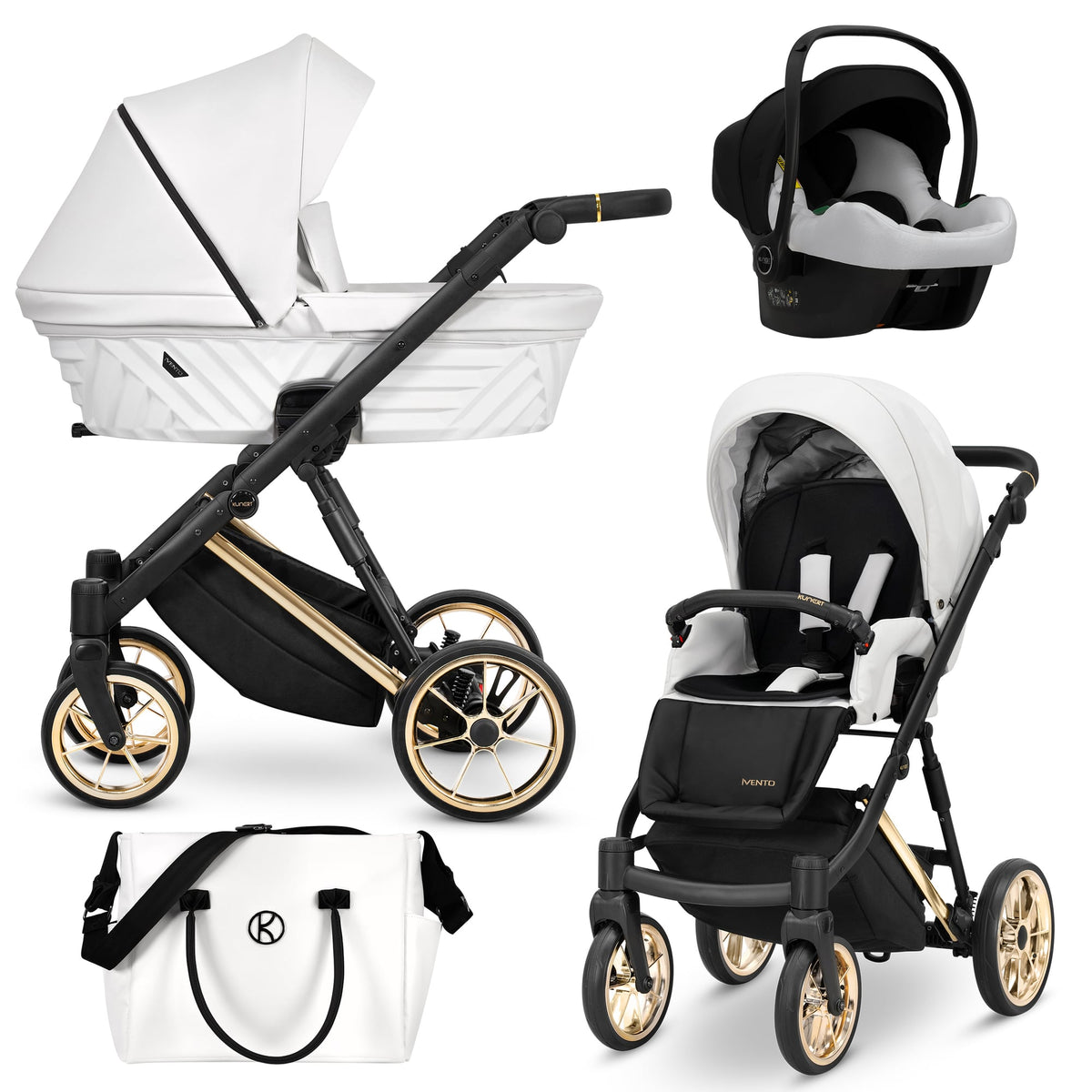 Wózek dziecięcy Kunert Ivento Premium 3w1 - złota rama - kolor: White Pearl