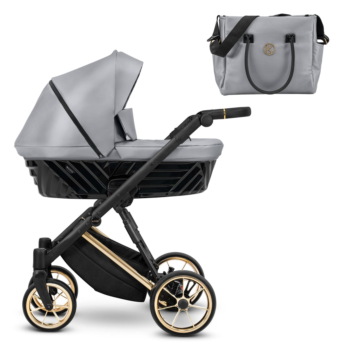 Poussette Kunert Ivento Premium avec nacelle – Cadre doré – Eco Gris métallisé