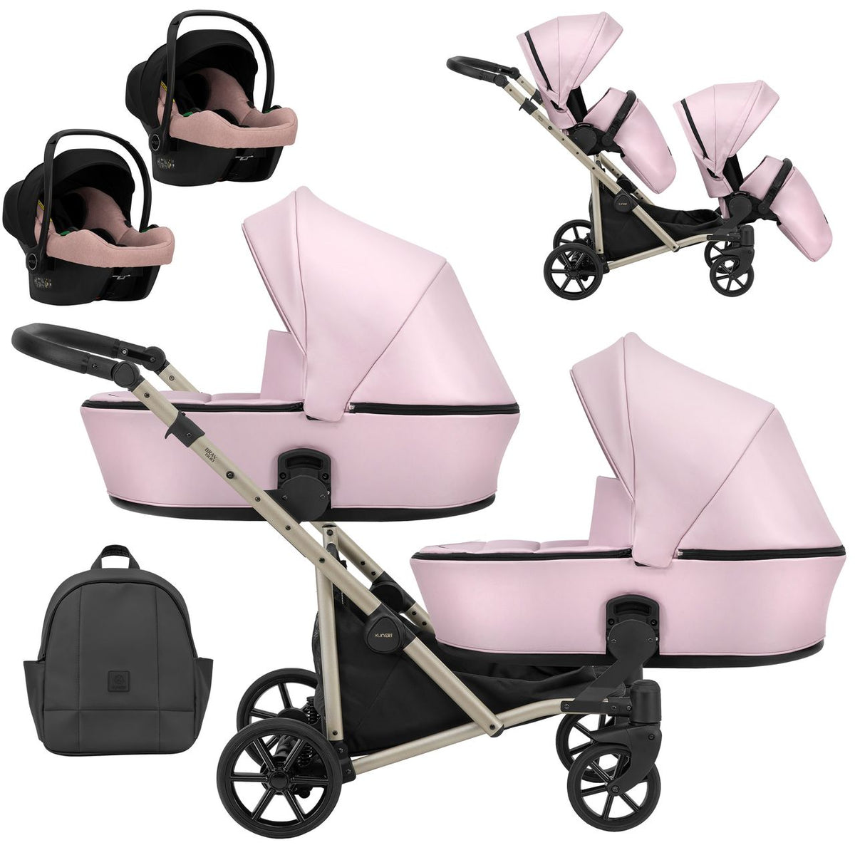 Wózek bliźniaczy Kunert Brav Duo 3w1 - szampańska rama - kolor: Baby Pink Eco