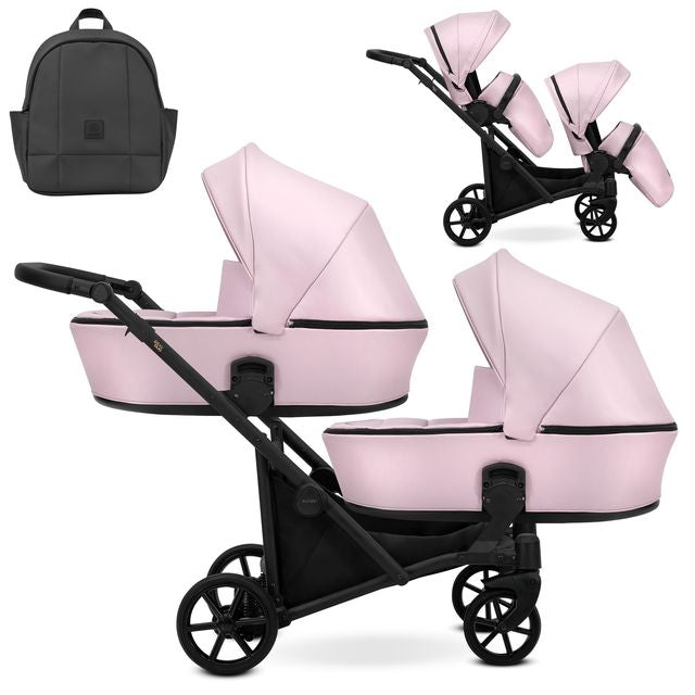 Wózek bliźniaczy Kunert Brav Duo 2w1 - czarna rama - kolor: Baby Pink Eco