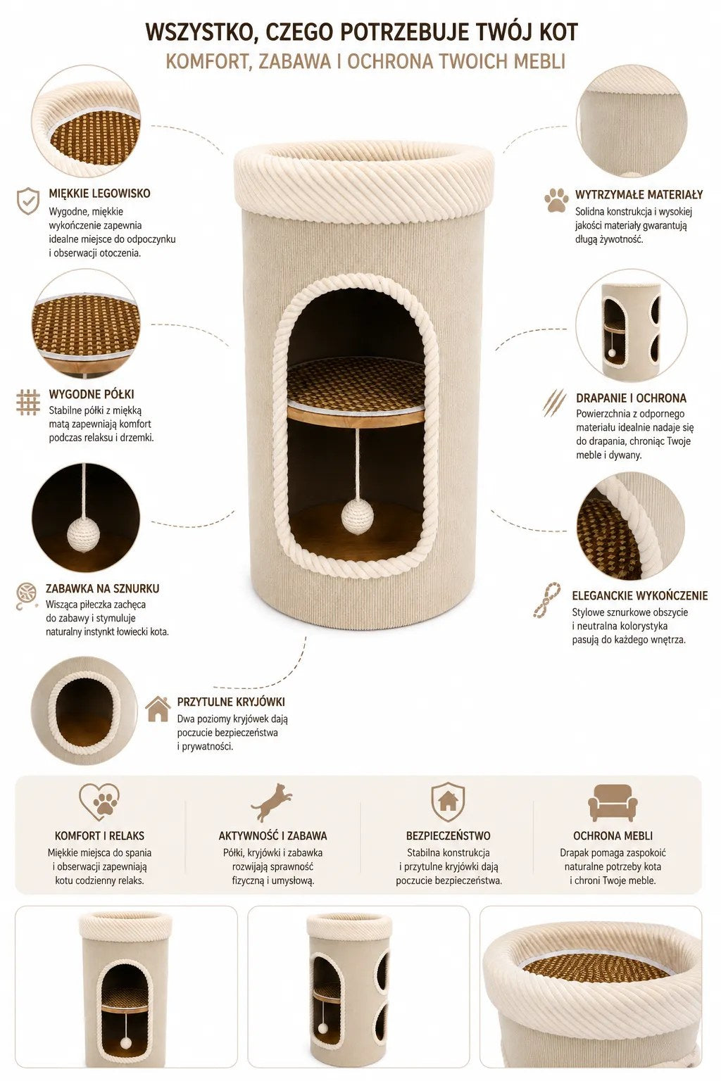 Kunert Cat scratching tower Coco 2-in-1 with bed – cream - photo 5