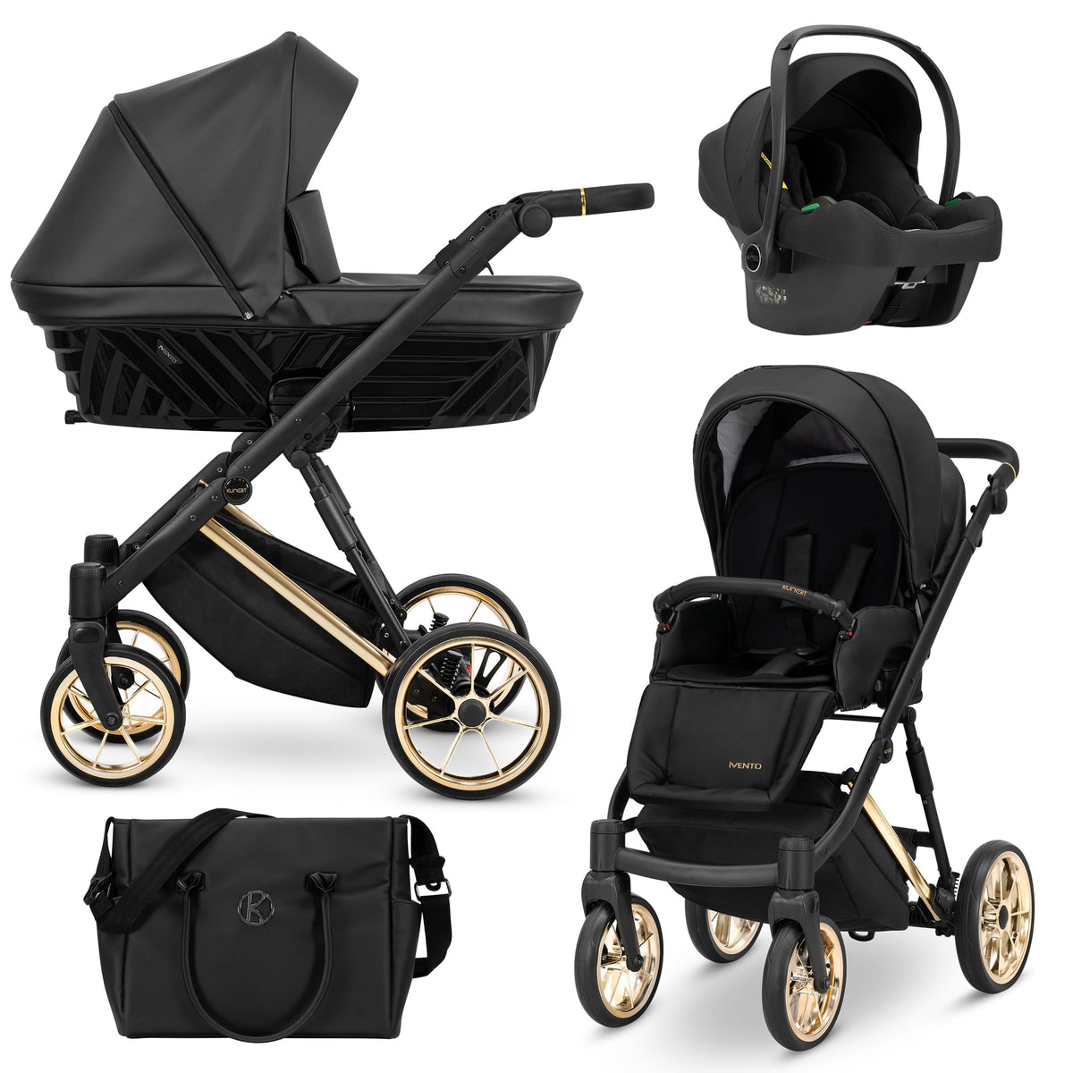 Wózek dziecięcy Kunert Ivento Premium 3w1 - złota rama - kolor: Black Pearl