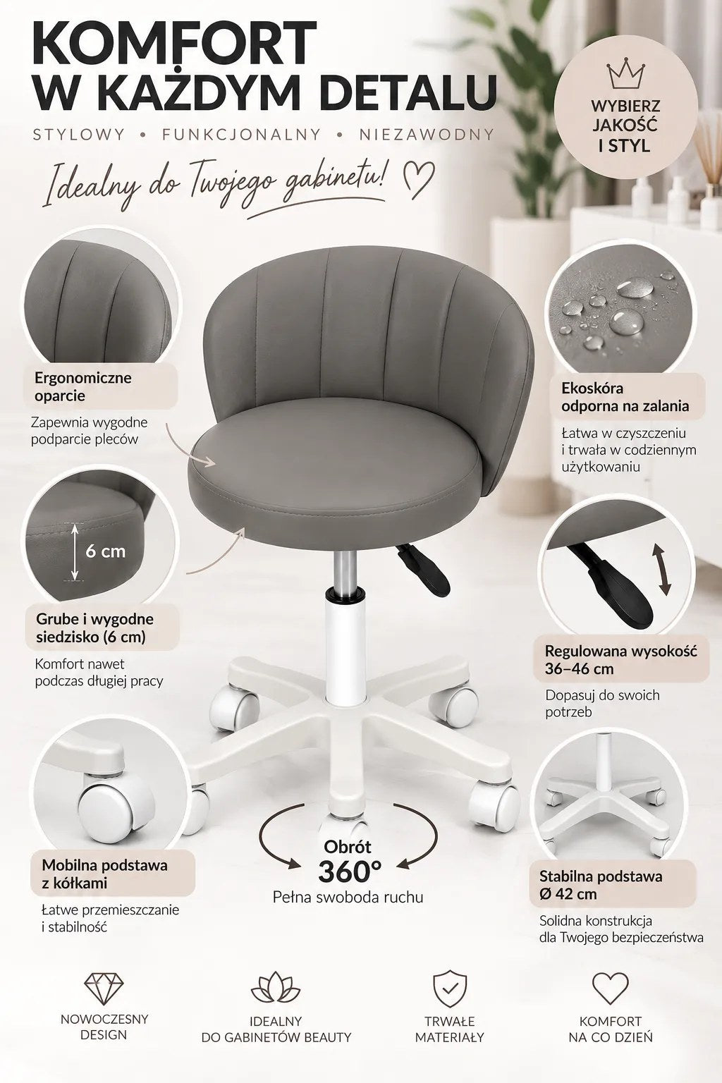 Kunert Beauty stool Aurea with backrest, height-adjustable – grey - photo 3