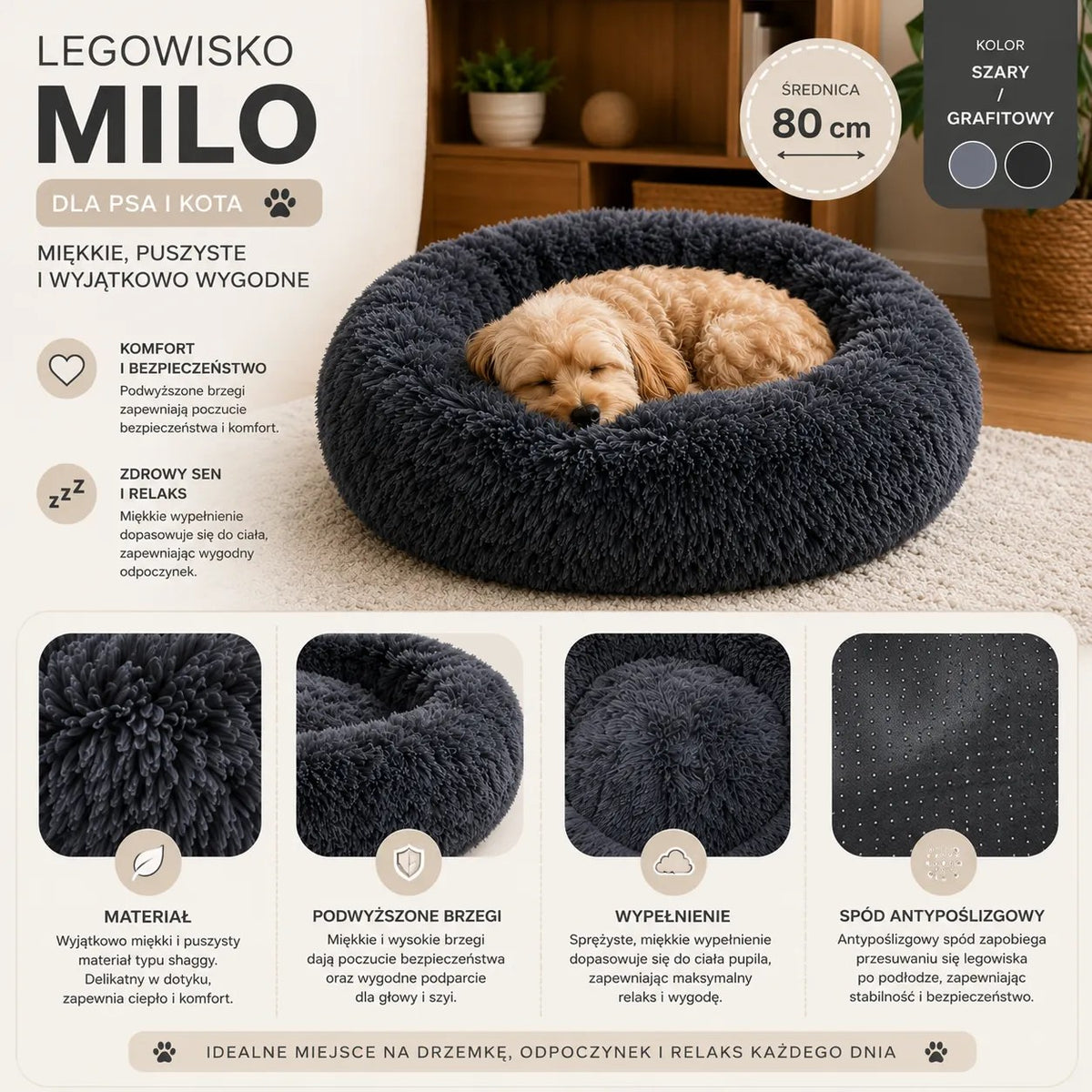 Kunert Round fluffy dog & cat bed MILO 80 cm – grey - photo 2