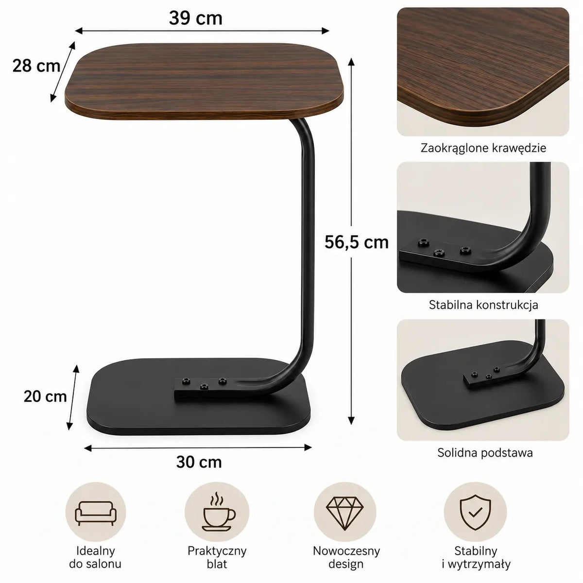 Kunert C-shaped side table Vero for sofa and laptop – brown - photo 4