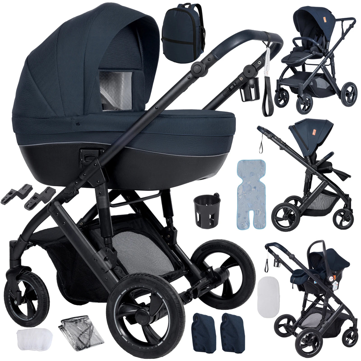 3 in 1 Bassinet Stroller Convertible Sit and Lie Foldable Design Reversible Stroller Baby Pushchair with Carrycot Shock Absorbing Wheels Adjustable Handle Storage Basket Five Point Harness for Parent Facing and World Facing T