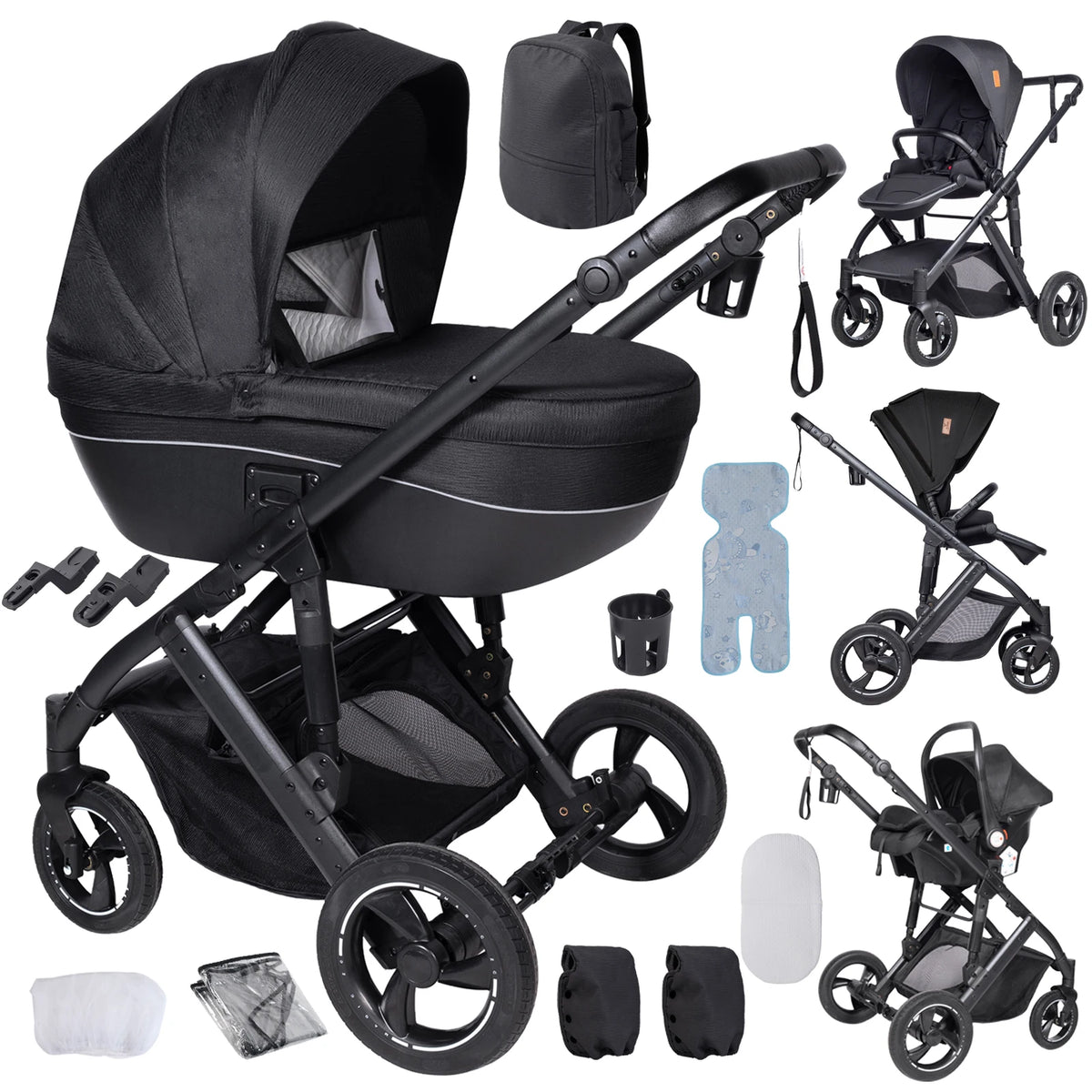 3 in 1 Bassinet Stroller Convertible Sit and Lie Foldable Design Reversible Stroller Baby Pushchair with Carrycot Shock Absorbing Wheels Adjustable Handle Storage Basket Five Point Harness for Parent Facing and World Facing T