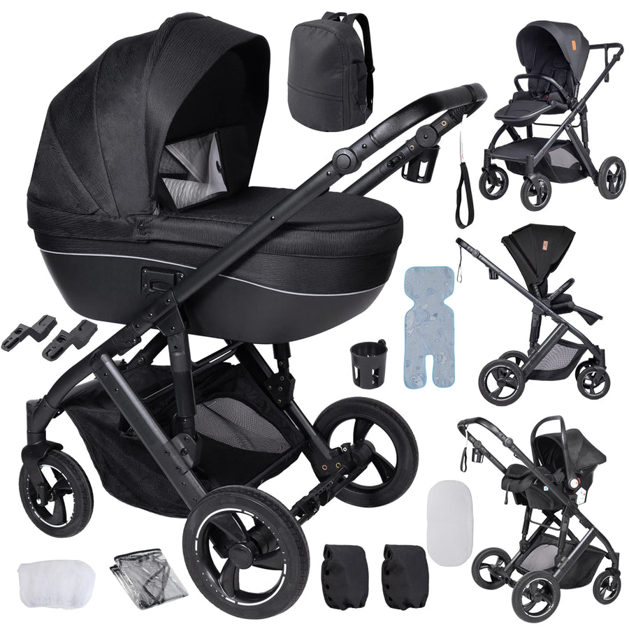3 in 1 Bassinet Stroller Convertible Sit and Lie Foldable Design Reversible Stroller Baby Pushchair with Carrycot Shock Absorbing Wheels Adjustable Handle Storage Basket Five Point Harness for Parent Facing and World Facing T