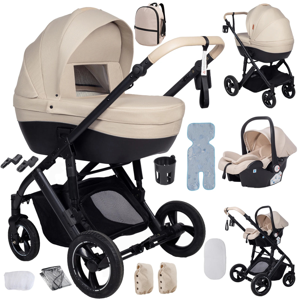 3 in 1 Bassinet Stroller Convertible Sit and Lie Foldable Design Reversible Stroller Baby Pushchair with Carrycot Shock Absorbing Wheels Adjustable Handle Storage Basket Five Point Harness for Parent Facing and World Facing T