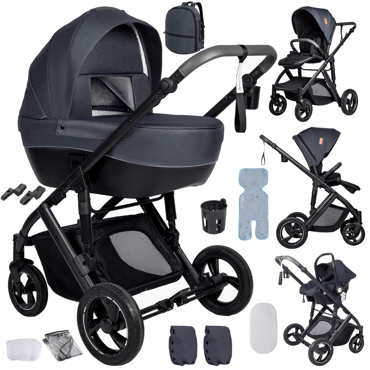 3 in 1 Bassinet Stroller Convertible Sit and Lie Foldable Design Reversible Stroller Baby Pushchair with Carrycot Shock Absorbing Wheels Adjustable Handle Storage Basket Five Point Harness for Parent Facing and World Facing T