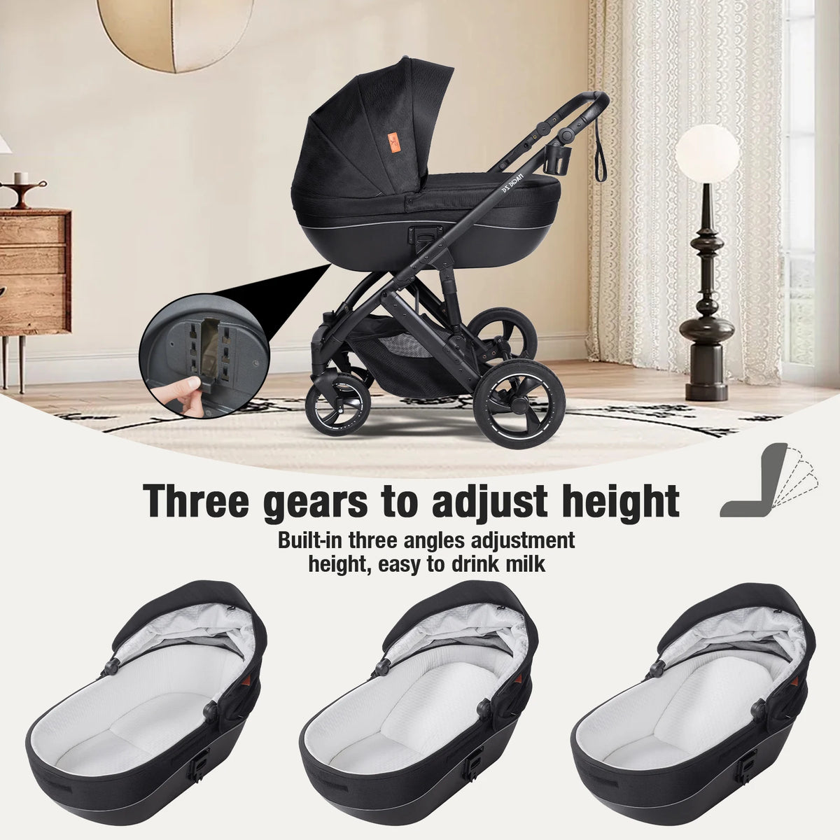 3 in 1 Bassinet Stroller Convertible Sit and Lie Foldable Design Reversible Stroller Baby Pushchair with Carrycot Shock Absorbing Wheels Adjustable Handle Storage Basket Five Point Harness for Parent Facing and World Facing T