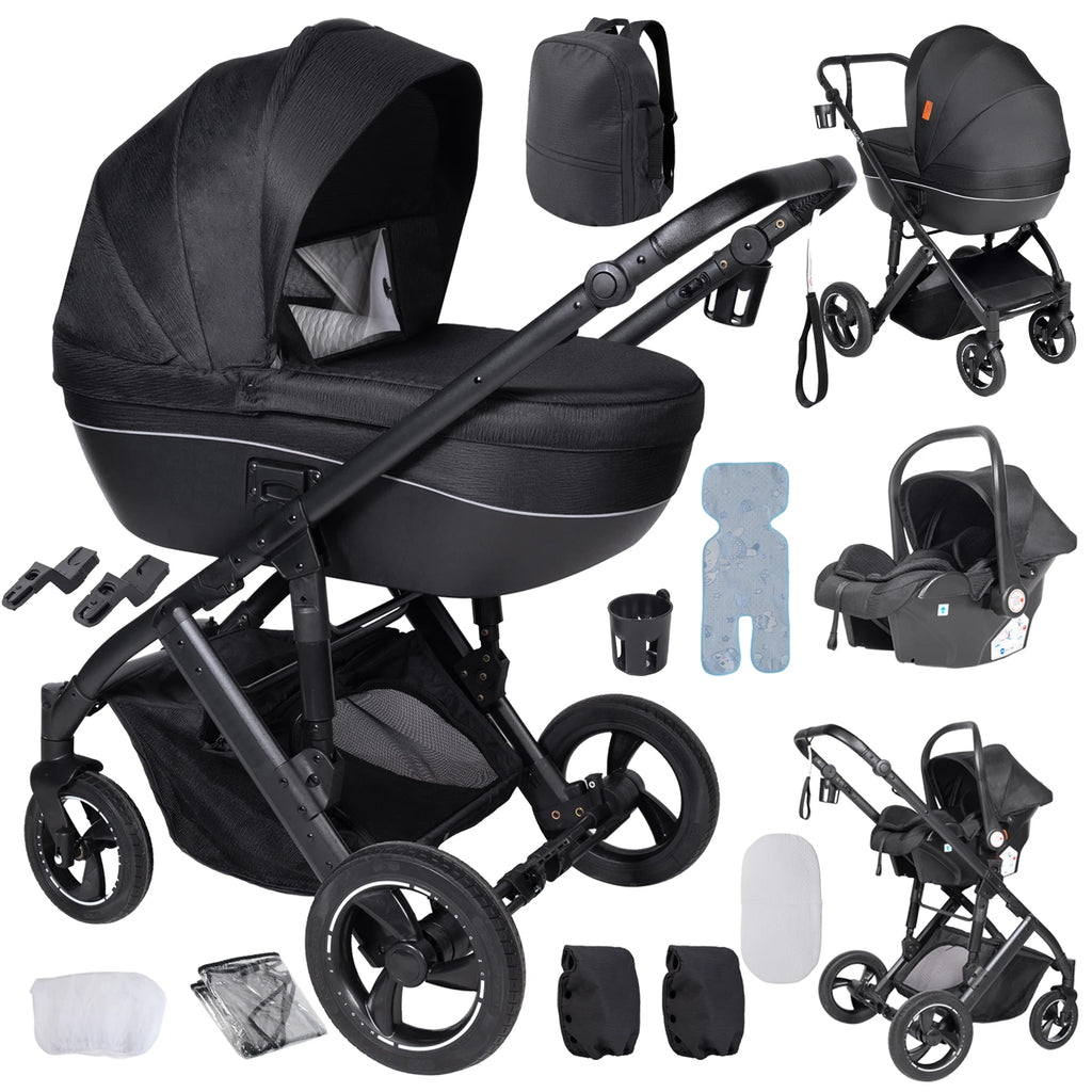 3 in 1 Bassinet Stroller Convertible Sit and Lie Foldable Design Reversible Stroller Baby Pushchair with Carrycot Shock Absorbing Wheels Adjustable Handle Storage Basket Five Point Harness for Parent Facing and World Facing T