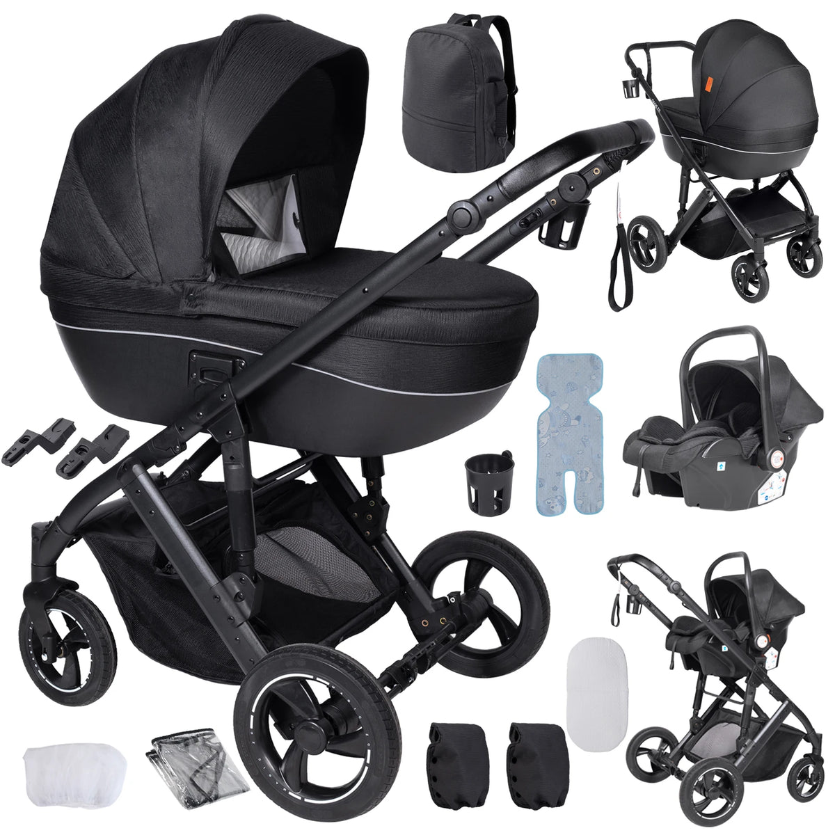 3 in 1 Bassinet Stroller Convertible Sit and Lie Foldable Design Reversible Stroller Baby Pushchair with Carrycot Shock Absorbing Wheels Adjustable Handle Storage Basket Five Point Harness for Parent Facing and World Facing T