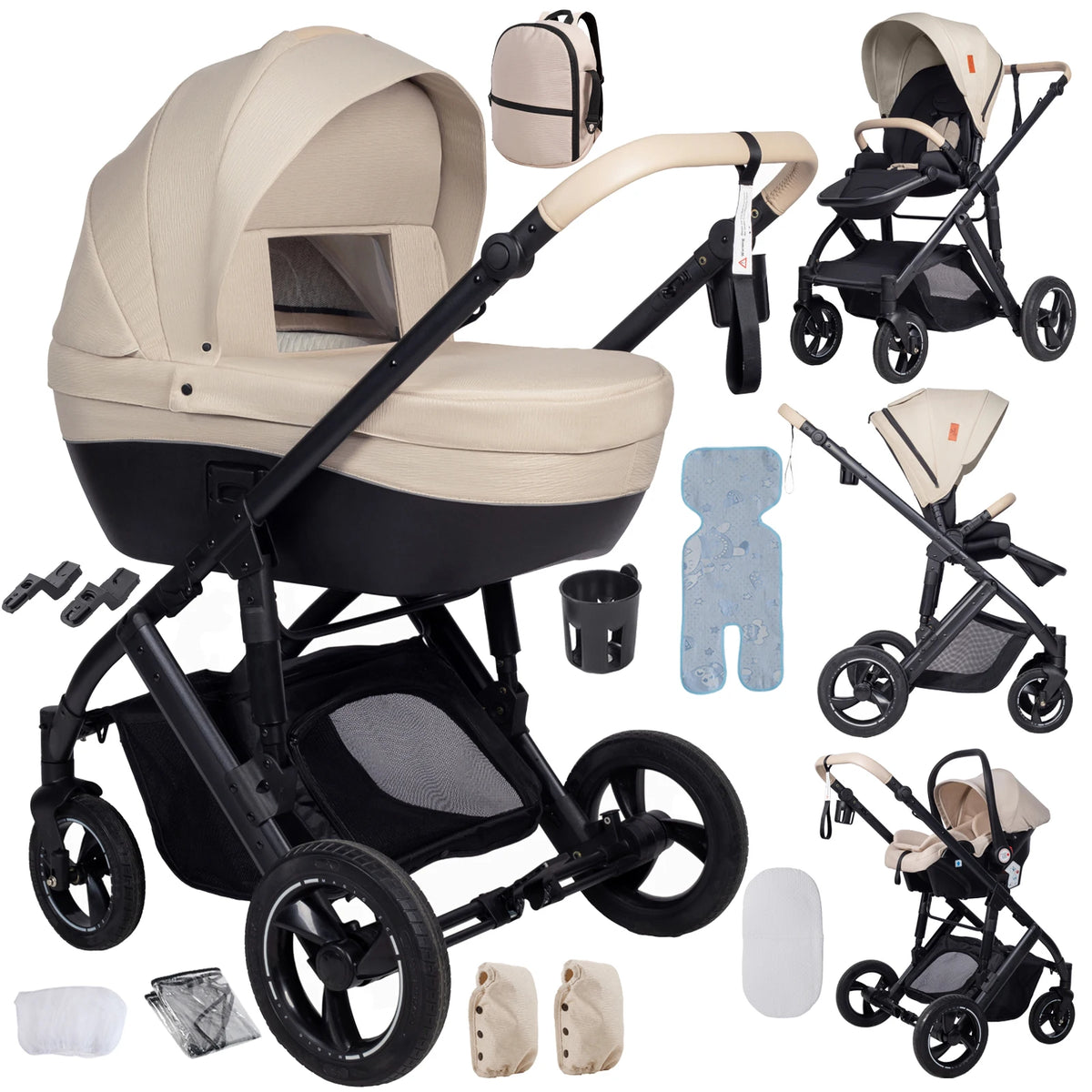 3 in 1 Bassinet Stroller Convertible Sit and Lie Foldable Design Reversible Stroller Baby Pushchair with Carrycot Shock Absorbing Wheels Adjustable Handle Storage Basket Five Point Harness for Parent Facing and World Facing T