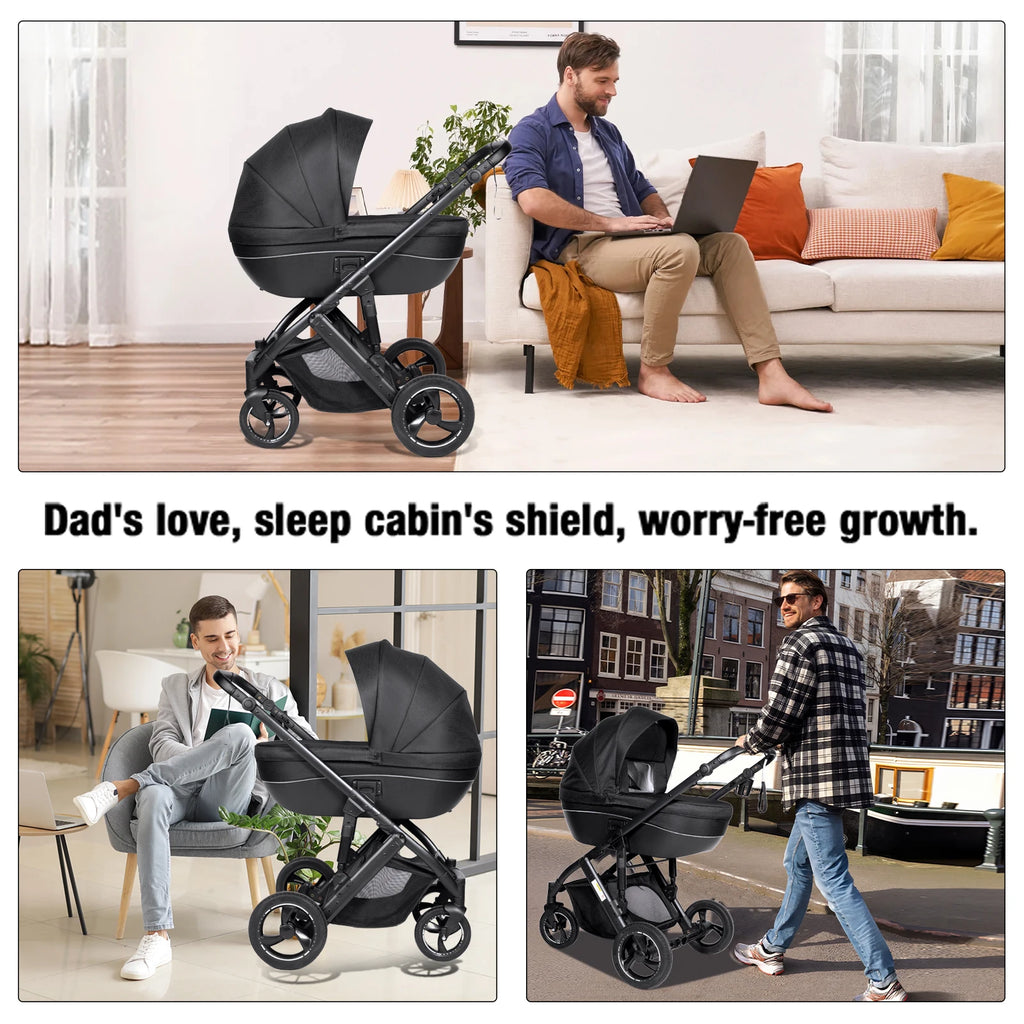 3 in 1 Bassinet Stroller Convertible Sit and Lie Foldable Design Reversible Stroller Baby Pushchair with Carrycot Shock Absorbing Wheels Adjustable Handle Storage Basket Five Point Harness for Parent Facing and World Facing T