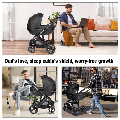 3 in 1 Bassinet Stroller Convertible Sit and Lie Foldable Design Reversible Stroller Baby Pushchair with Carrycot Shock Absorbing Wheels Adjustable Handle Storage Basket Five Point Harness for Parent Facing and World Facing T