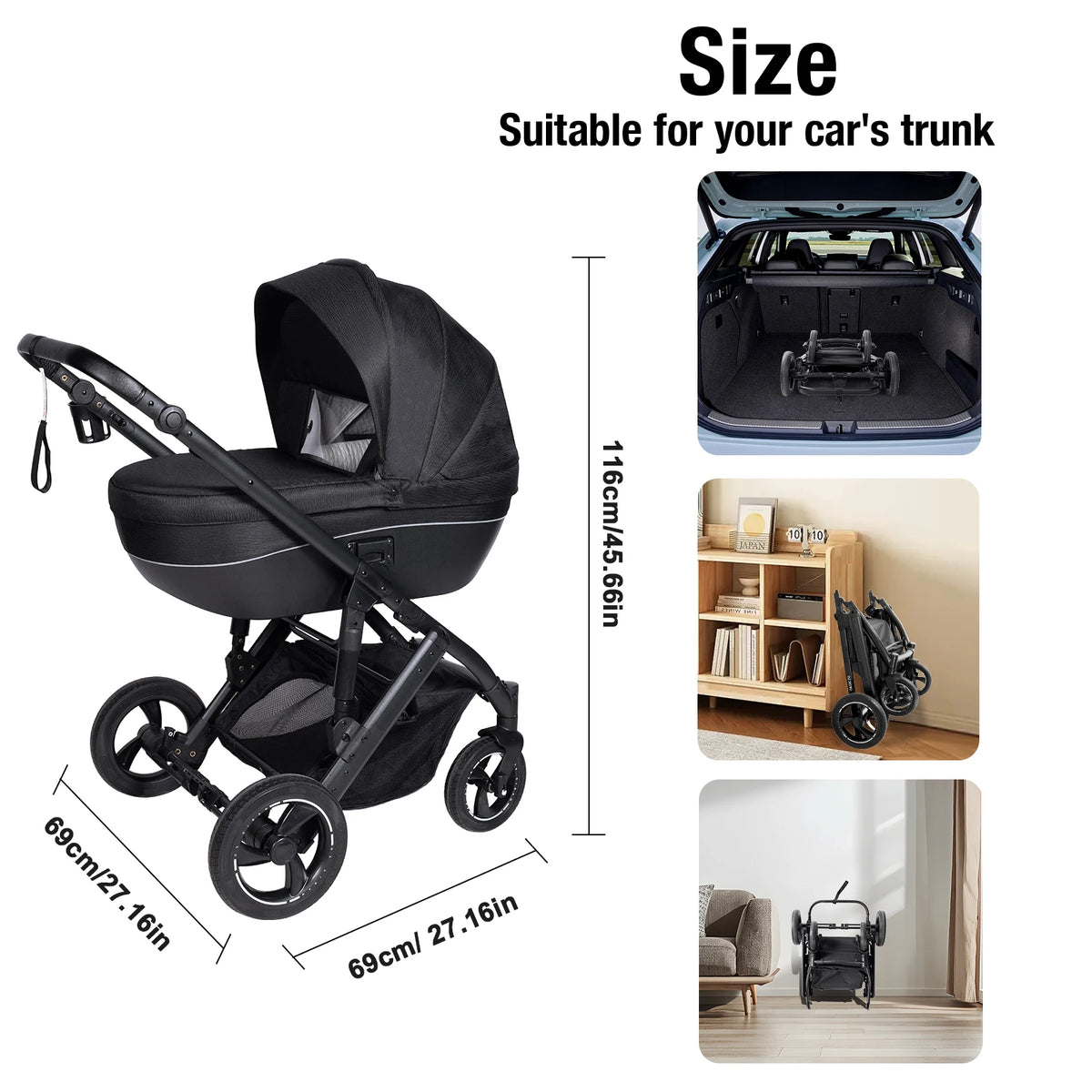 3 in 1 Bassinet Stroller Convertible Sit and Lie Foldable Design Reversible Stroller Baby Pushchair with Carrycot Shock Absorbing Wheels Adjustable Handle Storage Basket Five Point Harness for Parent Facing and World Facing T