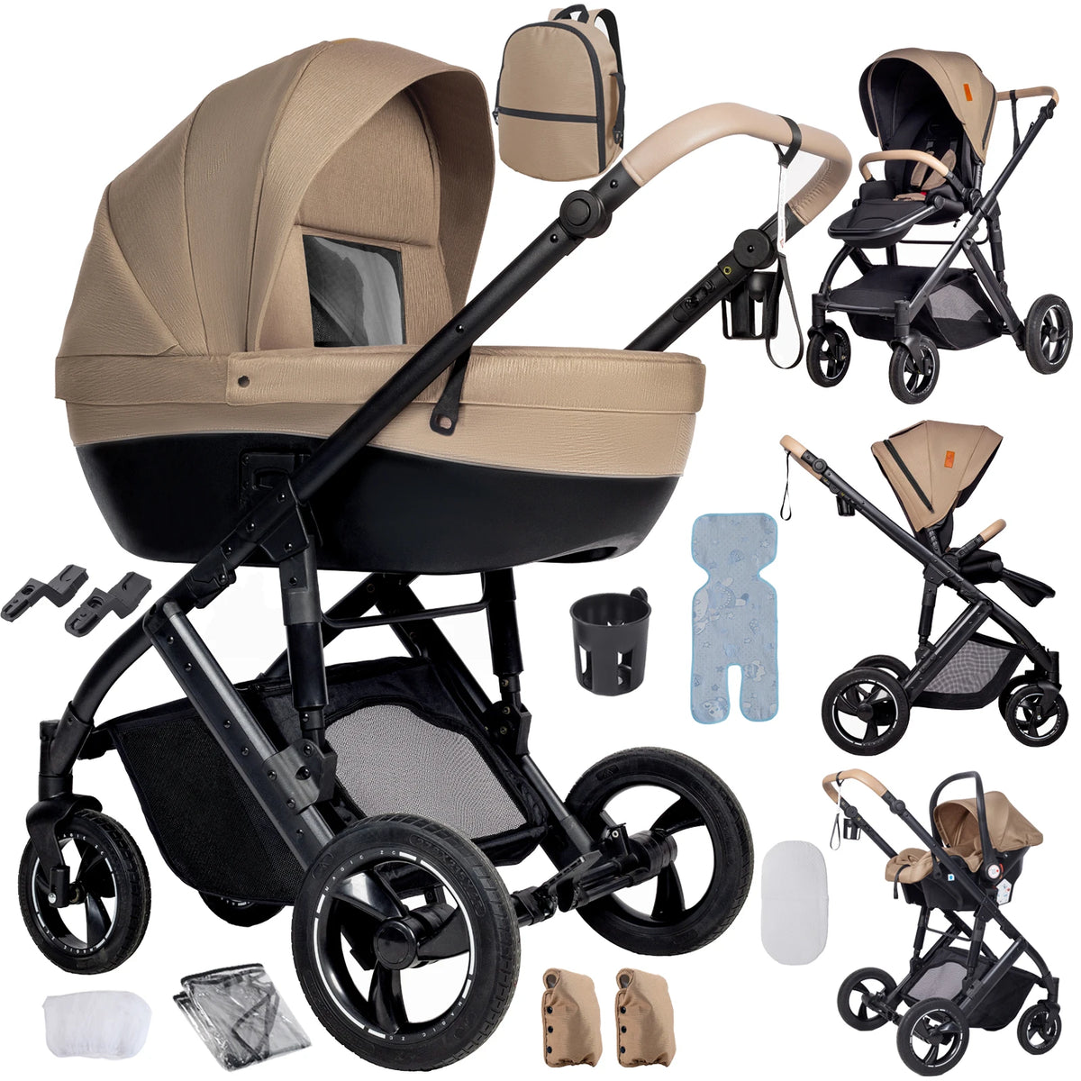 3 in 1 Bassinet Stroller Convertible Sit and Lie Foldable Design Reversible Stroller Baby Pushchair with Carrycot Shock Absorbing Wheels Adjustable Handle Storage Basket Five Point Harness for Parent Facing and World Facing T