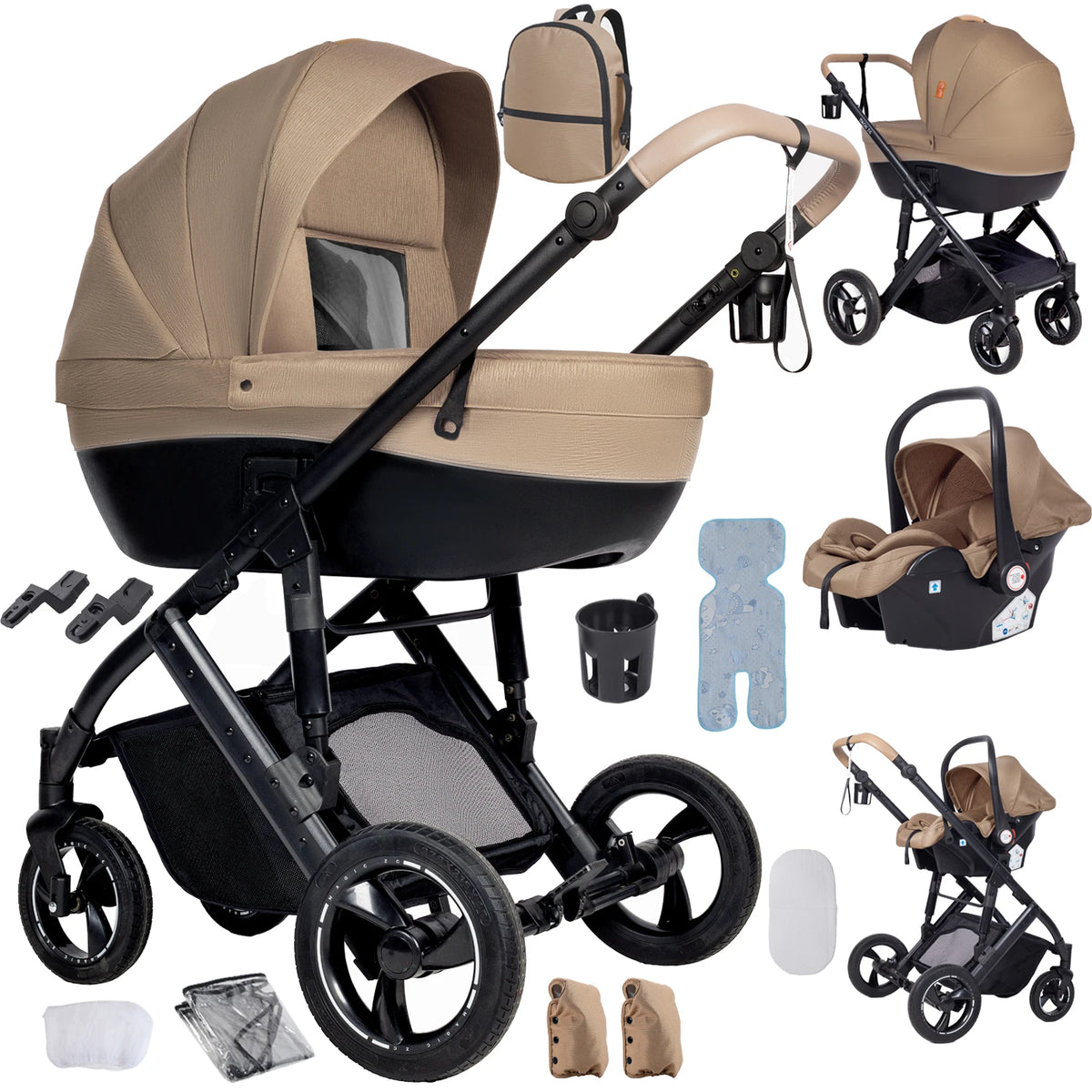 3 in 1 Bassinet Stroller Convertible Sit and Lie Foldable Design Reversible Stroller Baby Pushchair with Carrycot Shock Absorbing Wheels Adjustable Handle Storage Basket Five Point Harness for Parent Facing and World Facing T