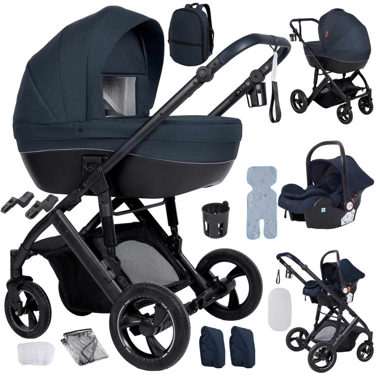 3 in 1 Bassinet Stroller Convertible Sit and Lie Foldable Design Reversible Stroller Baby Pushchair with Carrycot Shock Absorbing Wheels Adjustable Handle Storage Basket Five Point Harness for Parent Facing and World Facing T