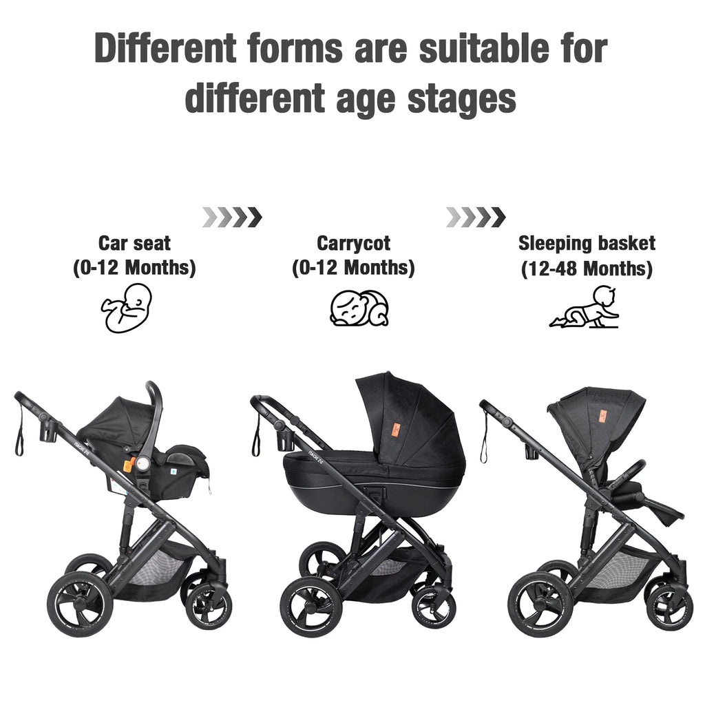 3 in 1 Bassinet Stroller Convertible Sit and Lie Foldable Design Reversible Stroller Baby Pushchair with Carrycot Shock Absorbing Wheels Adjustable Handle Storage Basket Five Point Harness for Parent Facing and World Facing T