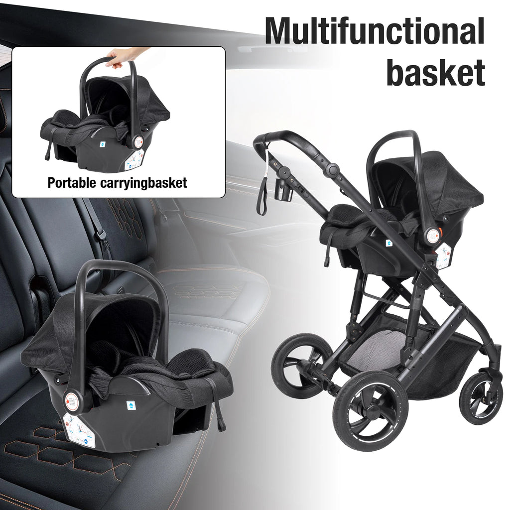 3 in 1 Bassinet Stroller Convertible Sit and Lie Foldable Design Reversible Stroller Baby Pushchair with Carrycot Shock Absorbing Wheels Adjustable Handle Storage Basket Five Point Harness for Parent Facing and World Facing T
