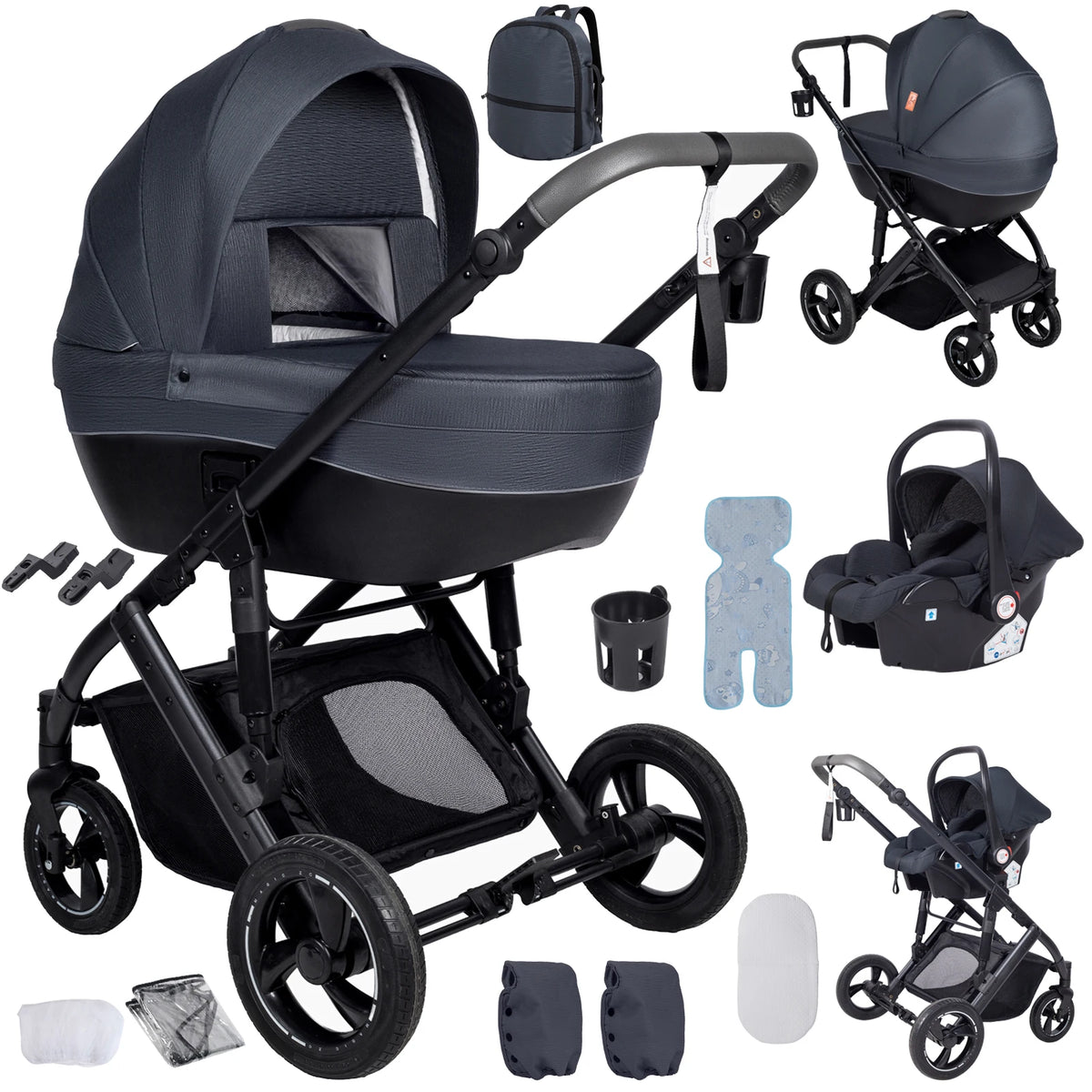 3 in 1 Bassinet Stroller Convertible Sit and Lie Foldable Design Reversible Stroller Baby Pushchair with Carrycot Shock Absorbing Wheels Adjustable Handle Storage Basket Five Point Harness for Parent Facing and World Facing T