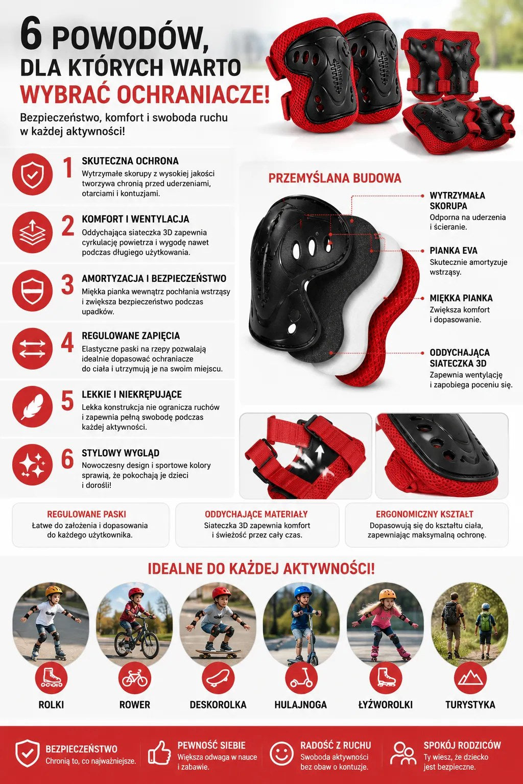 Kunert Kids protective gear set Tomi 2, 6-piece: knee, elbow and wrist guards – black-red - photo 2