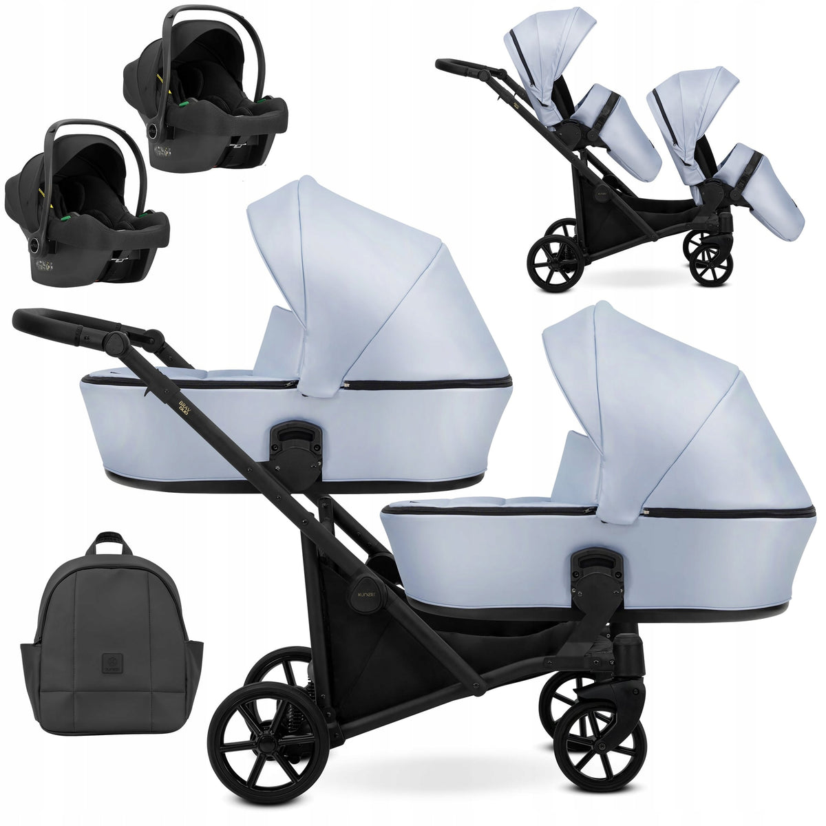 Wózek bliźniaczy Kunert Brav Duo 3w1 - czarna rama - kolor: Baby Blue Eco