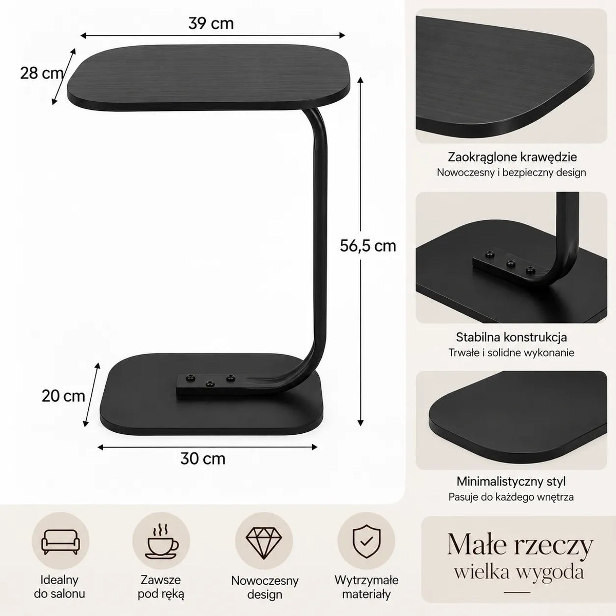 Kunert C-shaped side table Vero for sofa and laptop – black - photo 6