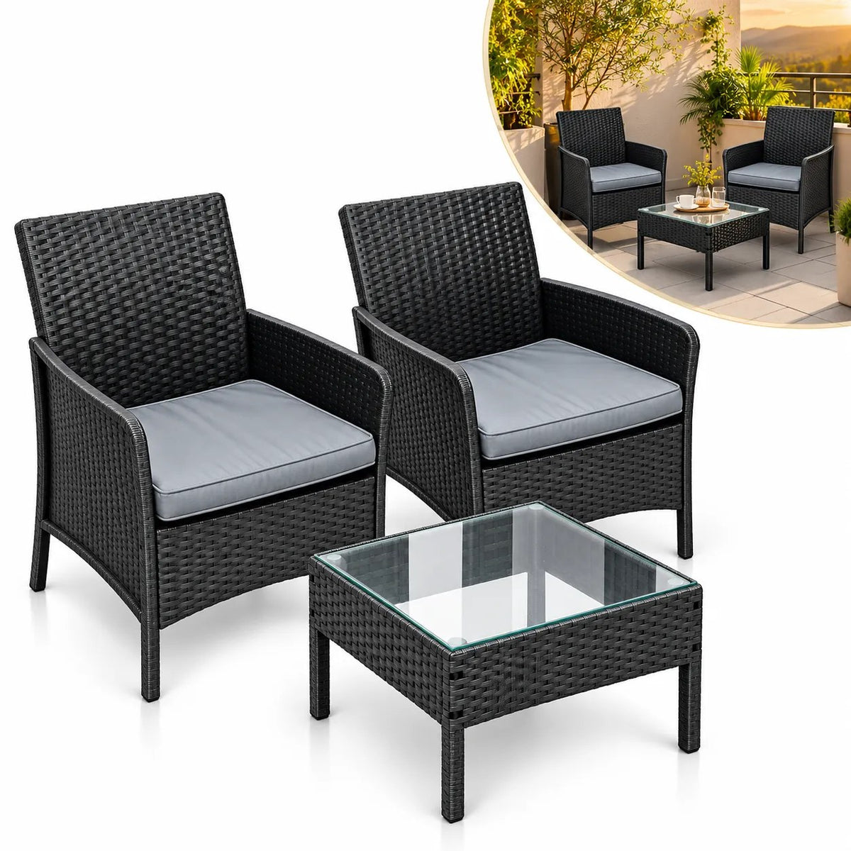 Kunert Garden seating set Bari: 2 armchairs + glass table