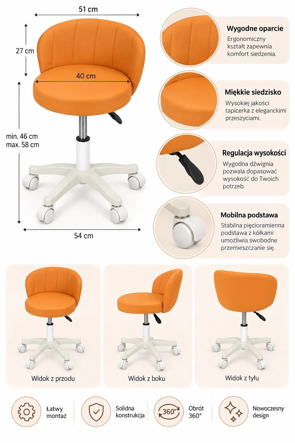 Kunert Beauty stool Aurea with backrest, height-adjustable – orange - photo 9